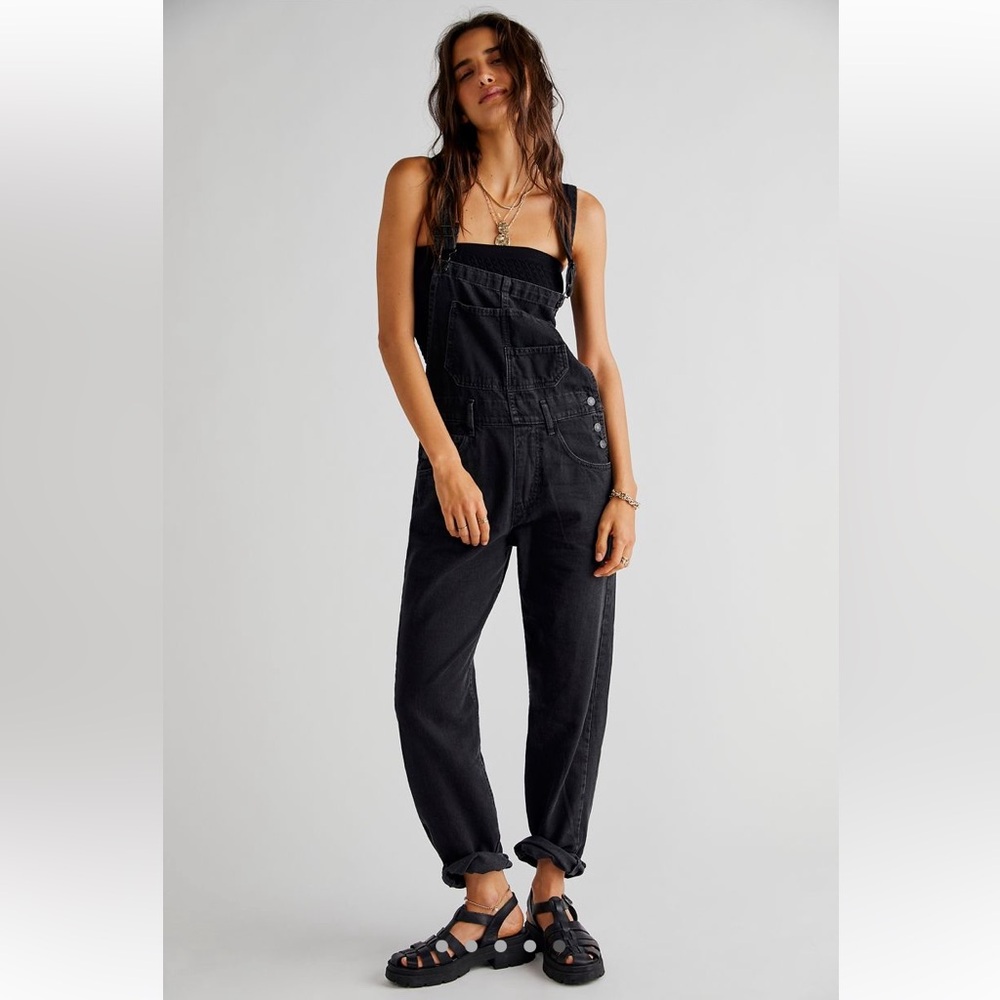 Free People We The Free Ziggy Washed Black Denim Jean Bib Overalls